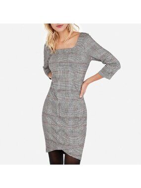 Express Plaid Square Neck Sheath Dress 3/4 Sleeves Womens Size Large Gray Red